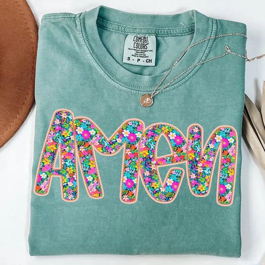 Faux Glitter Floral Amen Short Sleeve Comfort Color Tees