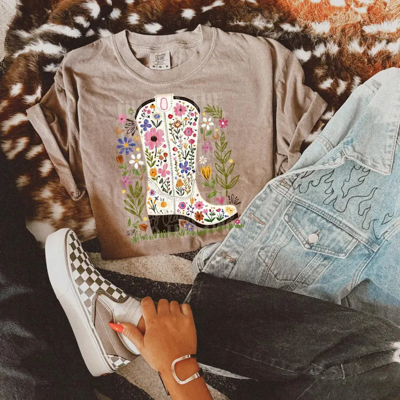 Floral Spring Boot Short Sleeve Comfort Color Tees