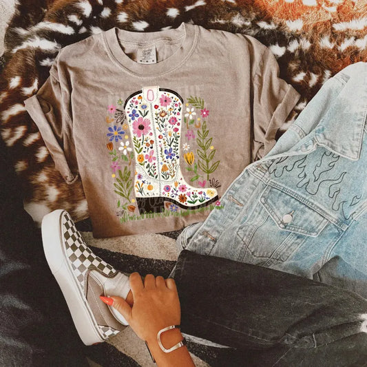 Floral Spring Boot Short Sleeve Comfort Color Tees